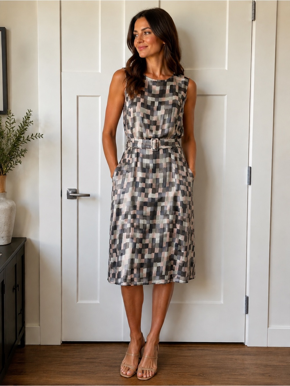 Etcetera 100% Silk Geometric Belted Midi Dress in Beige, Gray, Cream and Pink
